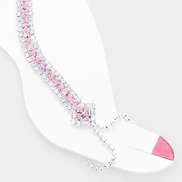 Anklet Pink Rhinestone Silver Net Toe Ring - Picture 3 of 6